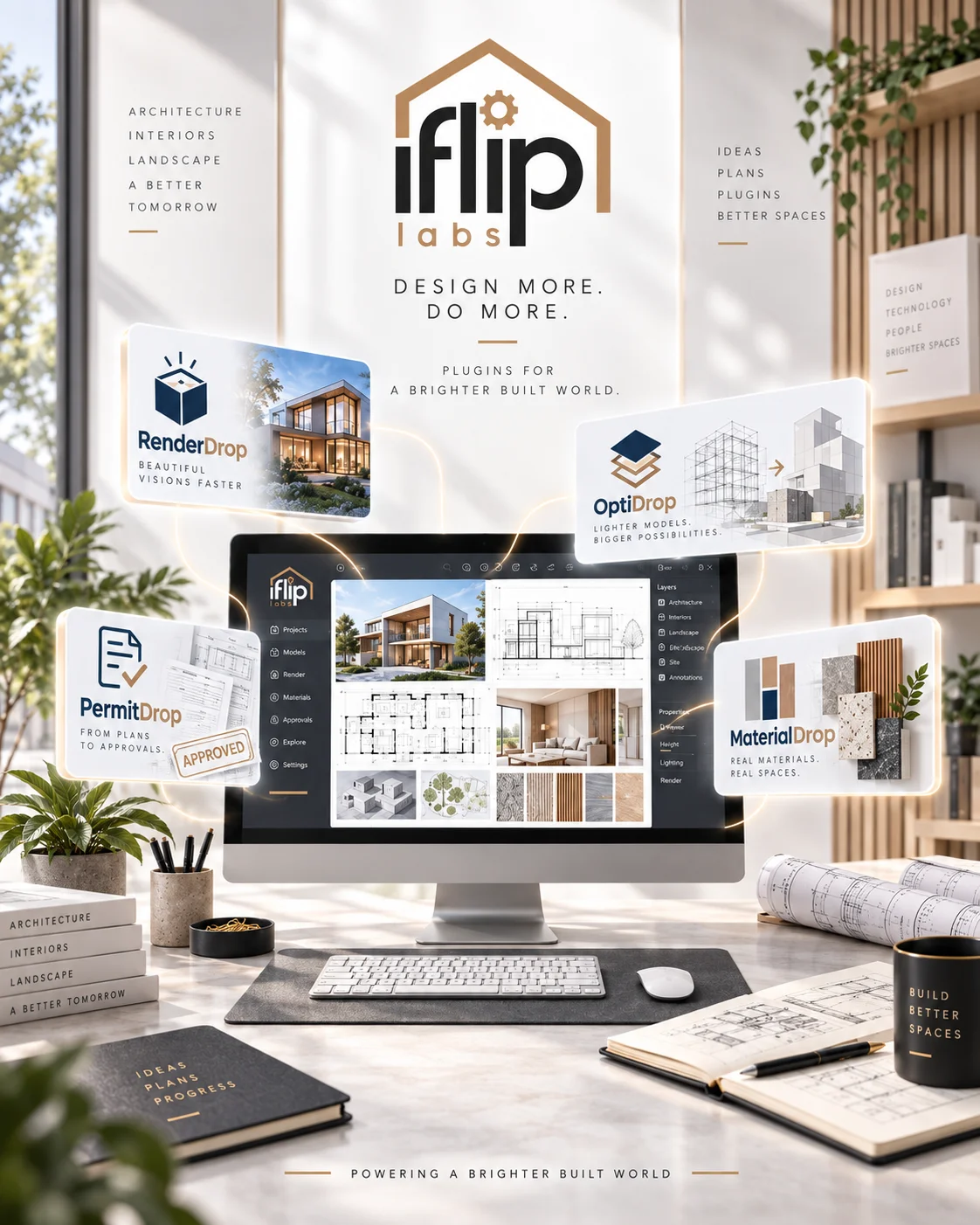 iFlip Labs poster: RenderDrop, OptiDrop, PermitDrop and MaterialDrop floating around a design workstation. Design more. Do more.